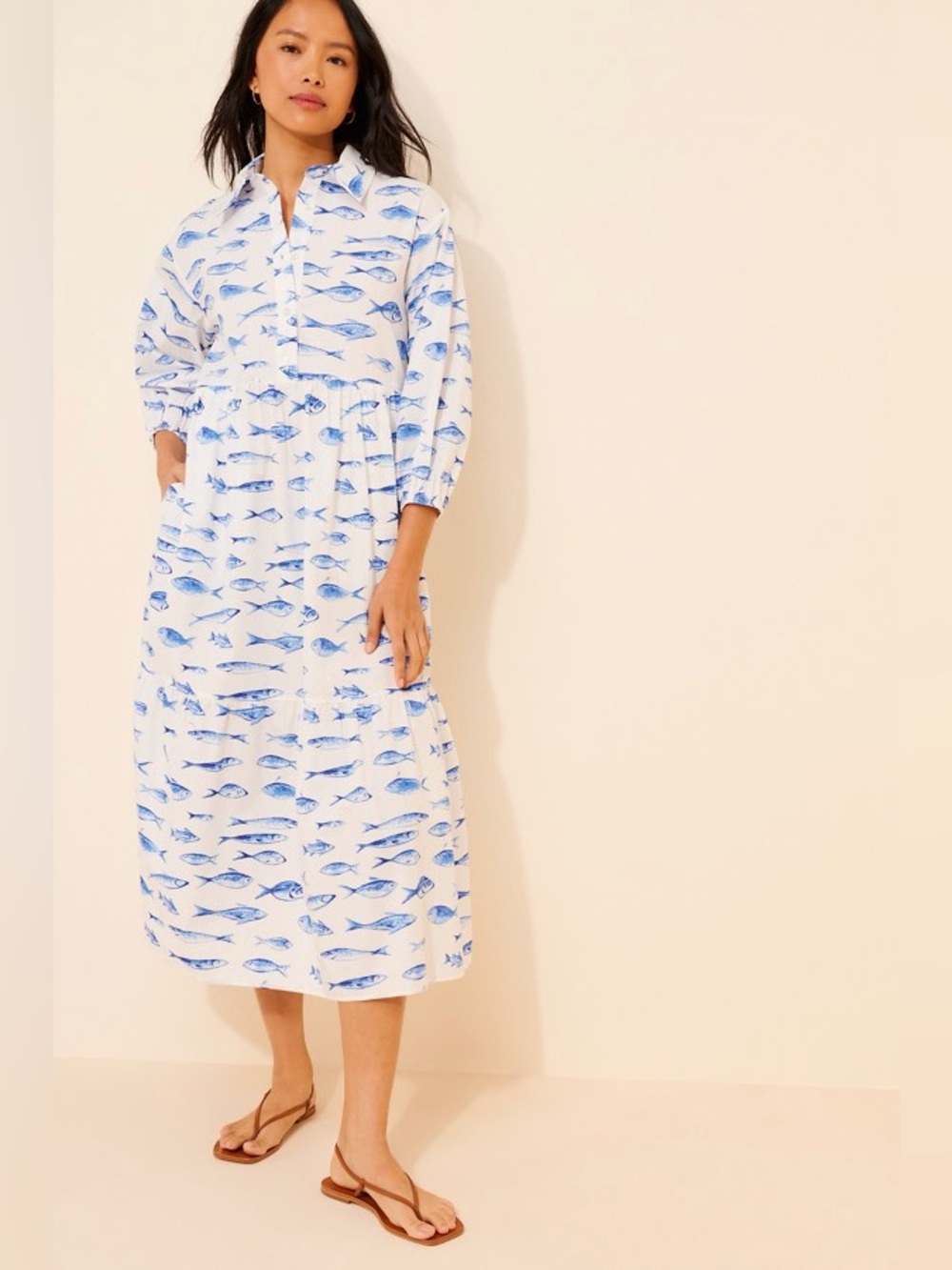 Anthropologie Maeve The Bettina Tiered Shirt Dress Fish print Size L - Picture 3 of 14